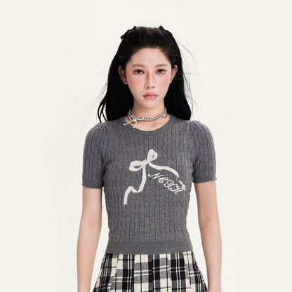 Bow Embroidered Hollow-Out Short Sweater
