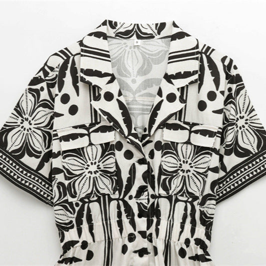 Versatile woven Cuban collar jumpsuit shorts