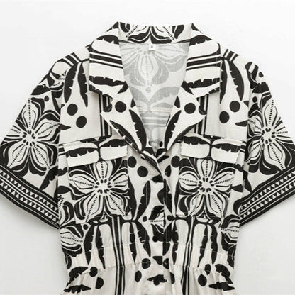 Versatile woven Cuban collar jumpsuit shorts