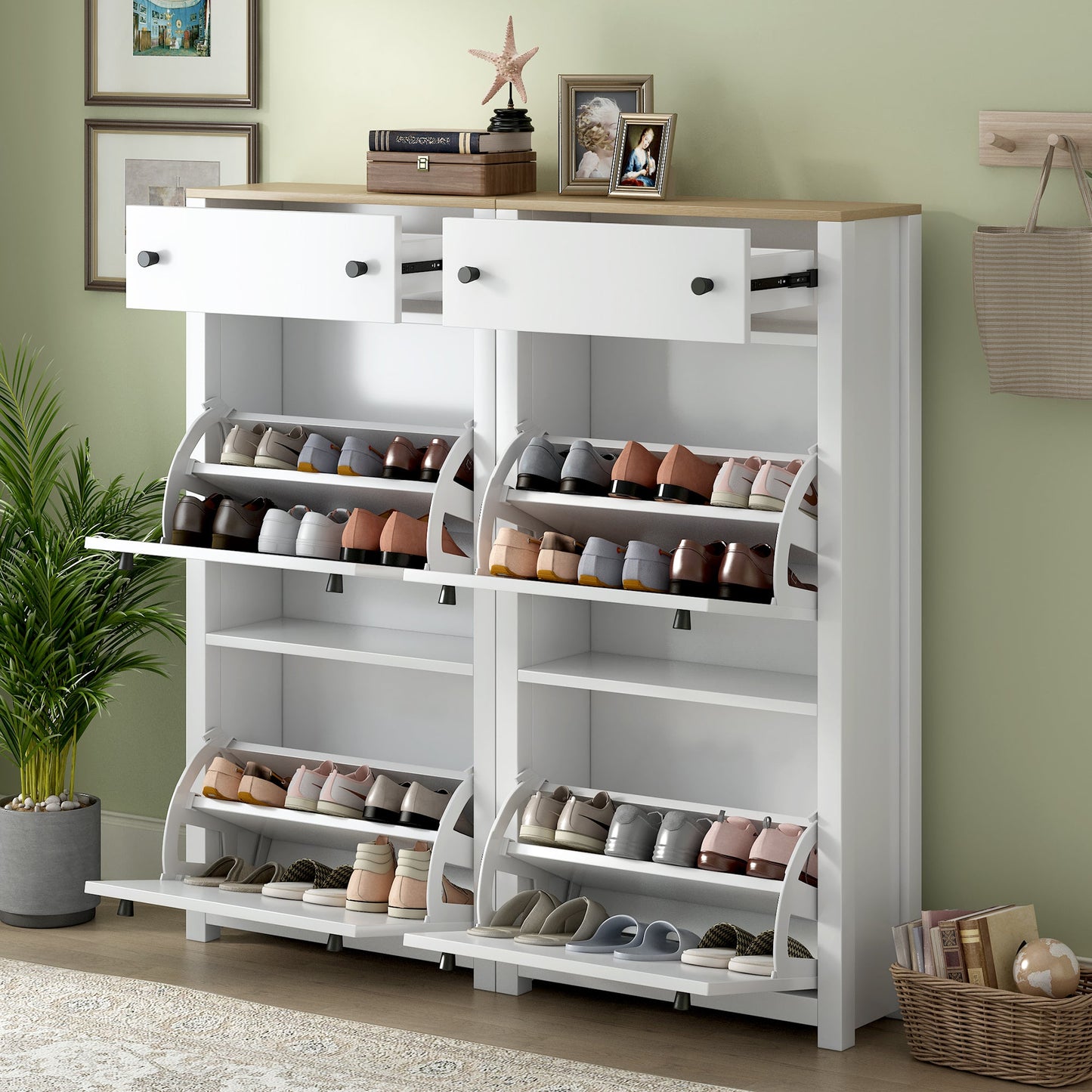 ONTREND ultra-thin shoe cabinet set with 4 flip drawers and adjustable panel top shoe rack, white