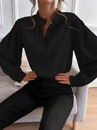 Solid Color Round Neck Long Sleeve Women's Shirt for Commute Style
