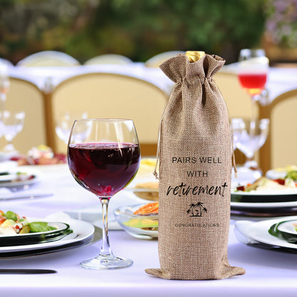 Red Wine Bag for Retirement Celebration: Party Wine Packaging Bag, Imitation Linen Drawstring Pouch, Gift Bag