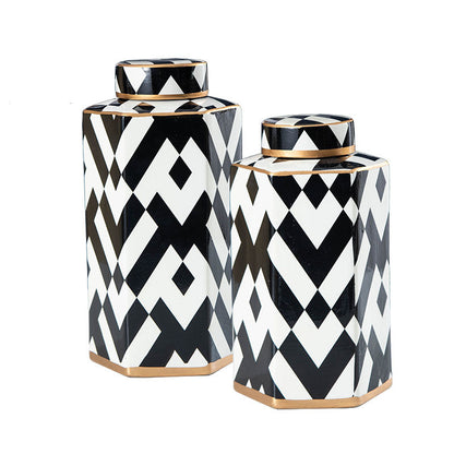 Geometric Black and White Striped Storage Jar Household Ceramic Candy Sealed Jar Vase Sundries Container Home Decoration
