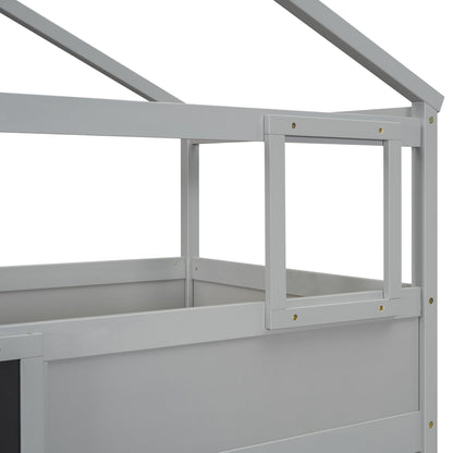 Twin over Full House Bunk Bed with Storage Staircase and Blackboard Gray