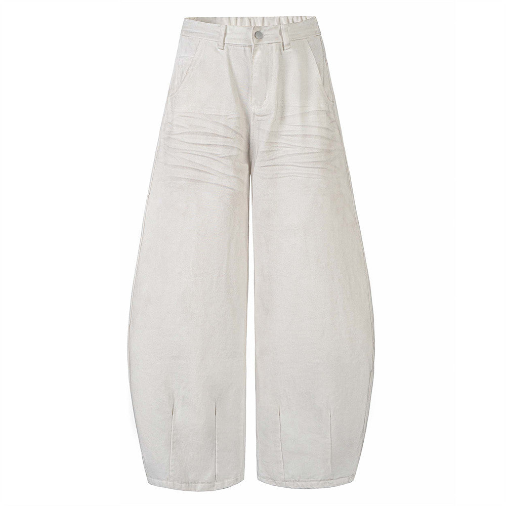 Sprayed and Distressed Denim Tapered Pants with High Street Punk Pocket Design, Loose Wide Leg Long Pants