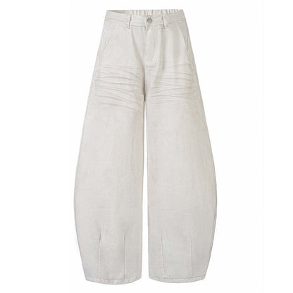 Sprayed and Distressed Denim Tapered Pants with High Street Punk Pocket Design, Loose Wide Leg Long Pants
