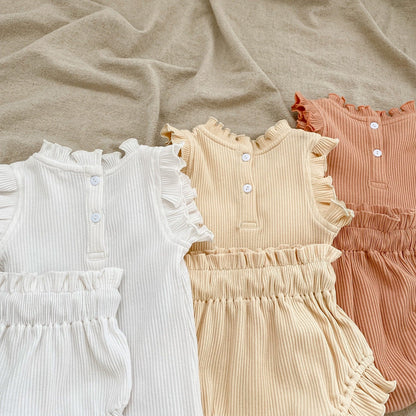 Baby Pit Thread Crawling Clothes Spring/Summer Wooden Ear Edge Girls' Harper+Drawstring Big PP Pants Set