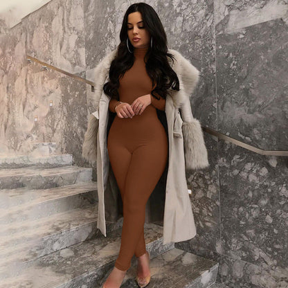 Solid Color Fleece-Lined Long Sleeve Yoga Jumpsuit for Autumn and Winter