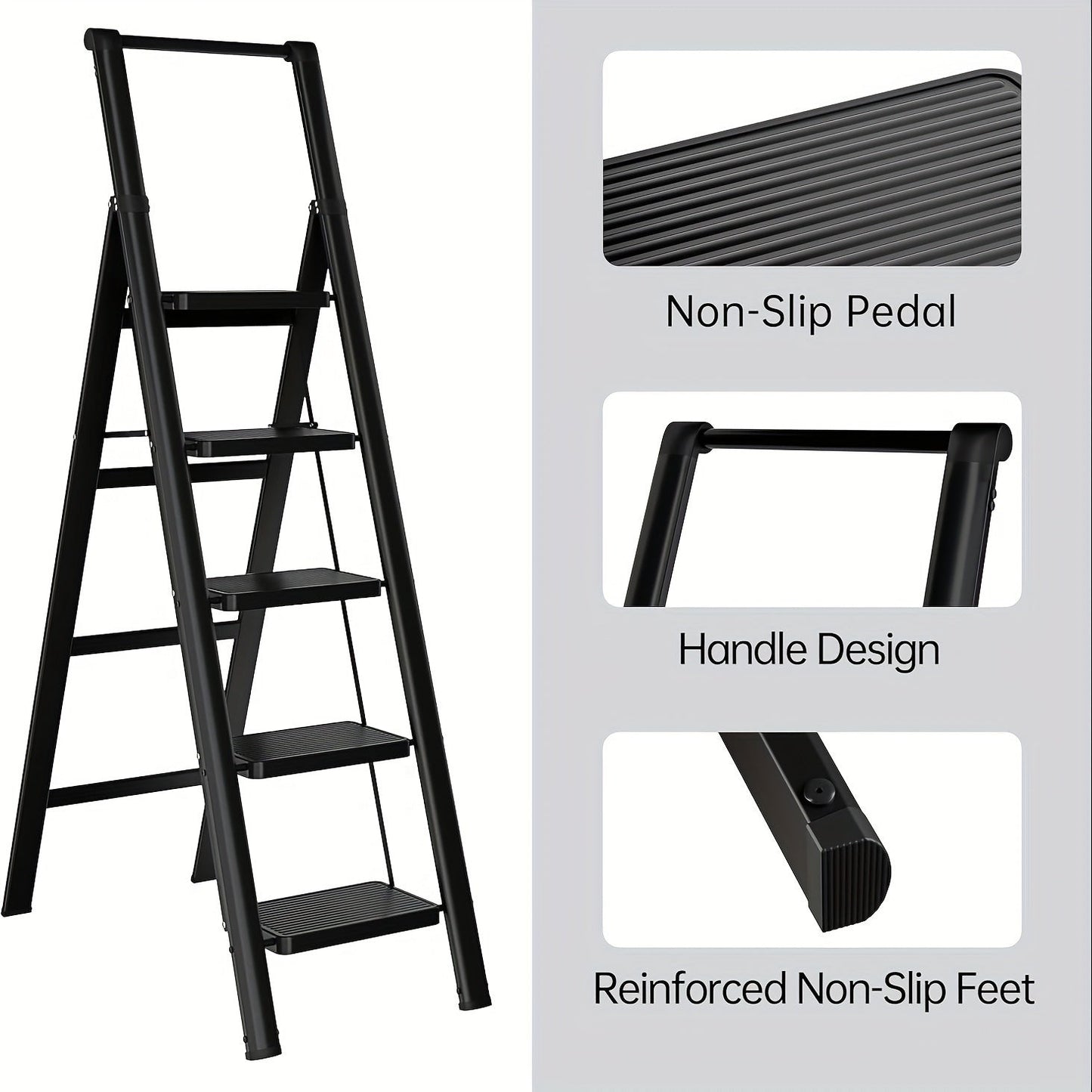 5-step ladder folding stool with anti slip wide pedals, lightweight and easy to carry handle folding ladder