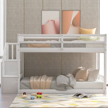 Twin over Twin Floor Bunk Bed, Ladder with Storage  White