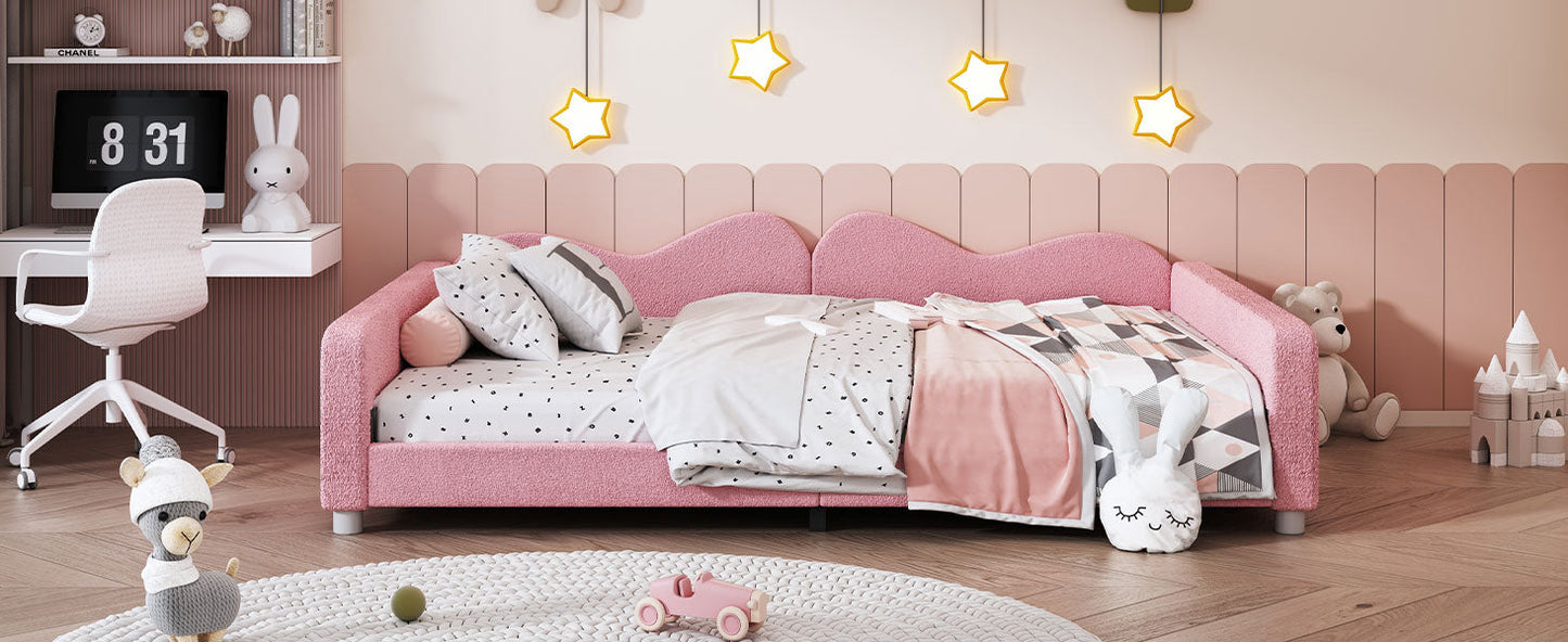 Full size Upholstered Daybed, Sherpa Fabric Sofabed with Cloud-Shaped Backrest, No Box-spring Needed, Pink