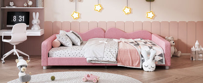 Full size Upholstered Daybed, Sherpa Fabric Sofabed with Cloud-Shaped Backrest, No Box-spring Needed, Pink