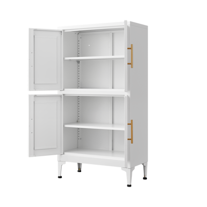 White metal kitchen storage cabinet, kitchen pantry storage cabinet with door and shelf, adjustable leveling feet