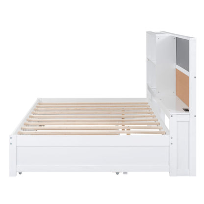 Full Size Daybed with Storage Shelves, Blackboard, Cork board, USB Ports and Twin Size Trundle  White