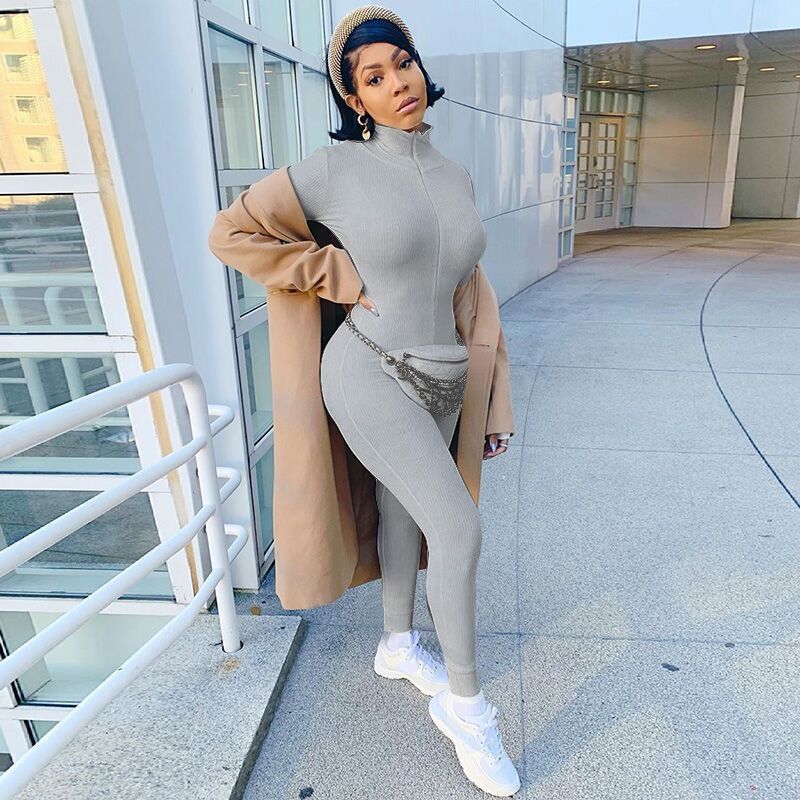 Women's Zipper Stretch Turtleneck Slim Fit Fitness Jumpsuit