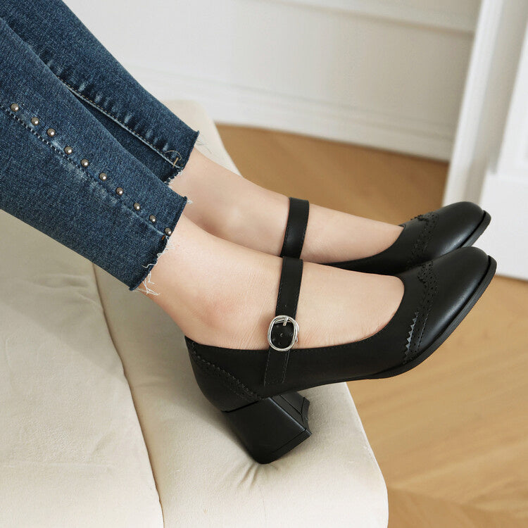Preppy Style Round Toe Buckle Mid Heel Plus Size Women's Shoes