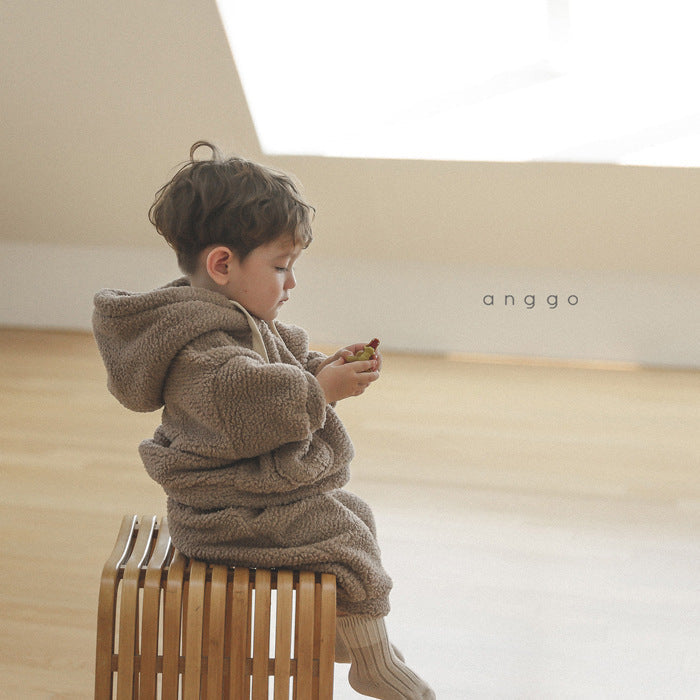 Children's Soft Plush Suit Boys And Girls Warm And Thick Hooded Sweater Pants Two-piece Suit