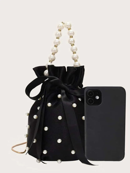 Pearl Detail Solid Color Bucket Bag
