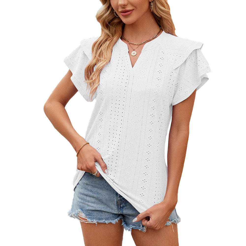 Solid Color Double-layer Sleeve V-neck Loose Short Sleeve T-shirt Top