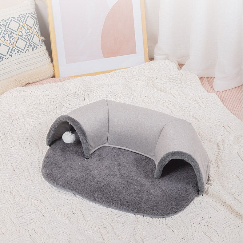Cat Tunnel With Soft Plush Attached Mat And Hanging Ball