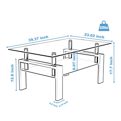 Rectangle Black Glass Coffee Table Clear Coffee Table Modern Side Center Tables for Living Room Living Room Furniture