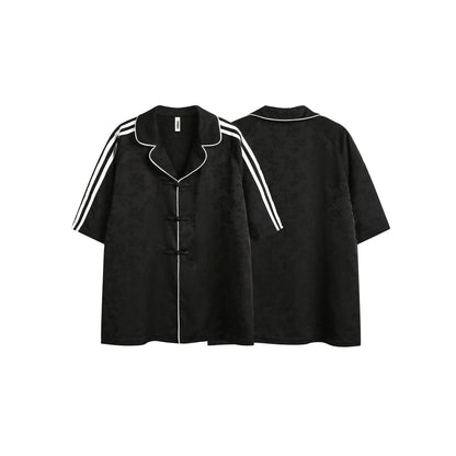 Striped Black Short Sleeve Turn-down Collar Shirt