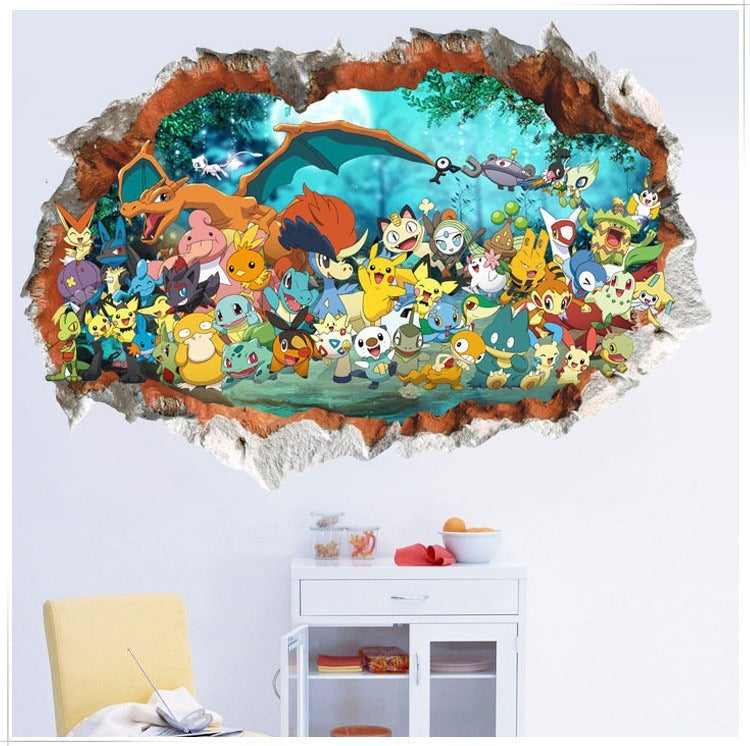 New 3D Pikachu Wall Sticker Pok é mon Wallpaper Self adhesive Cartoon Graffiti Anime Poster Children's Room PVC