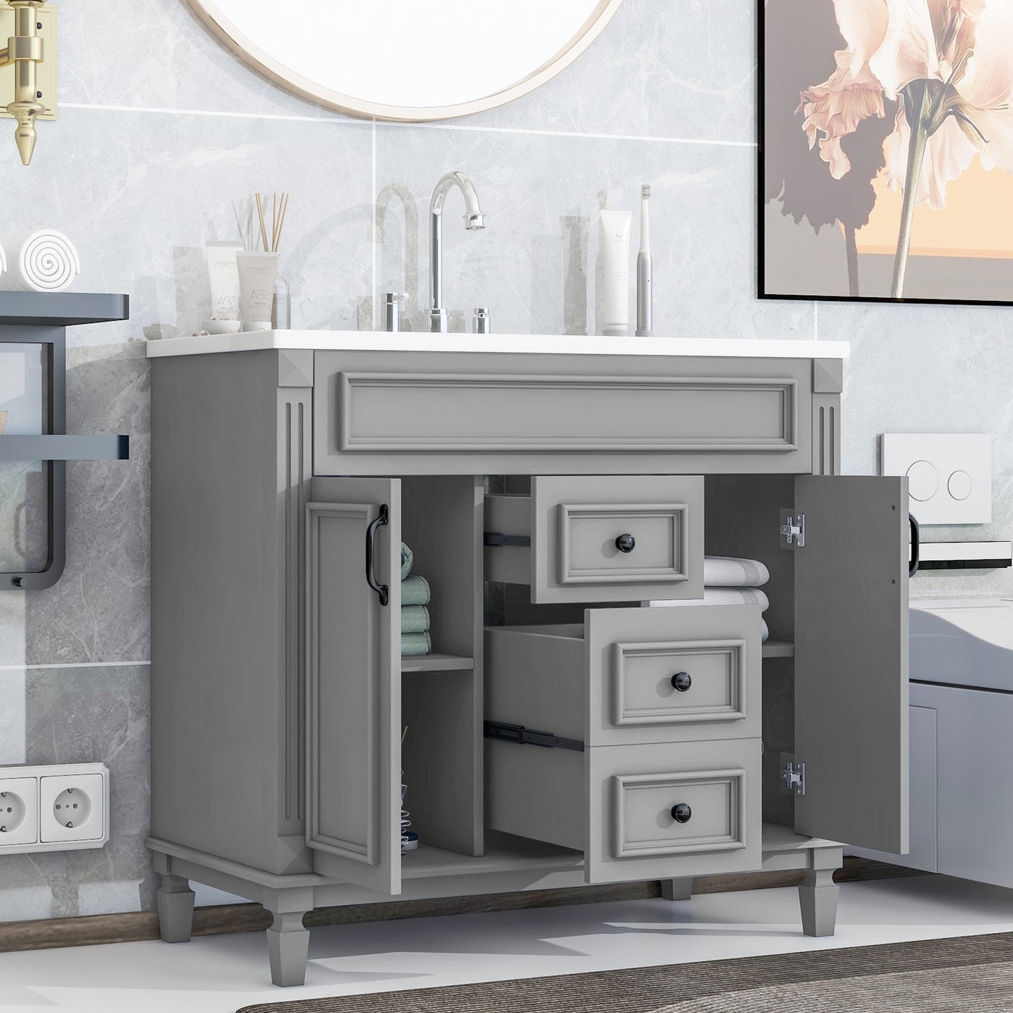 36'' Bathroom Vanity with Top Sink, Modern Bathroom Storage Cabinet with 2 Soft Closing Doors and 2 Drawers, Single Sink Bathroo