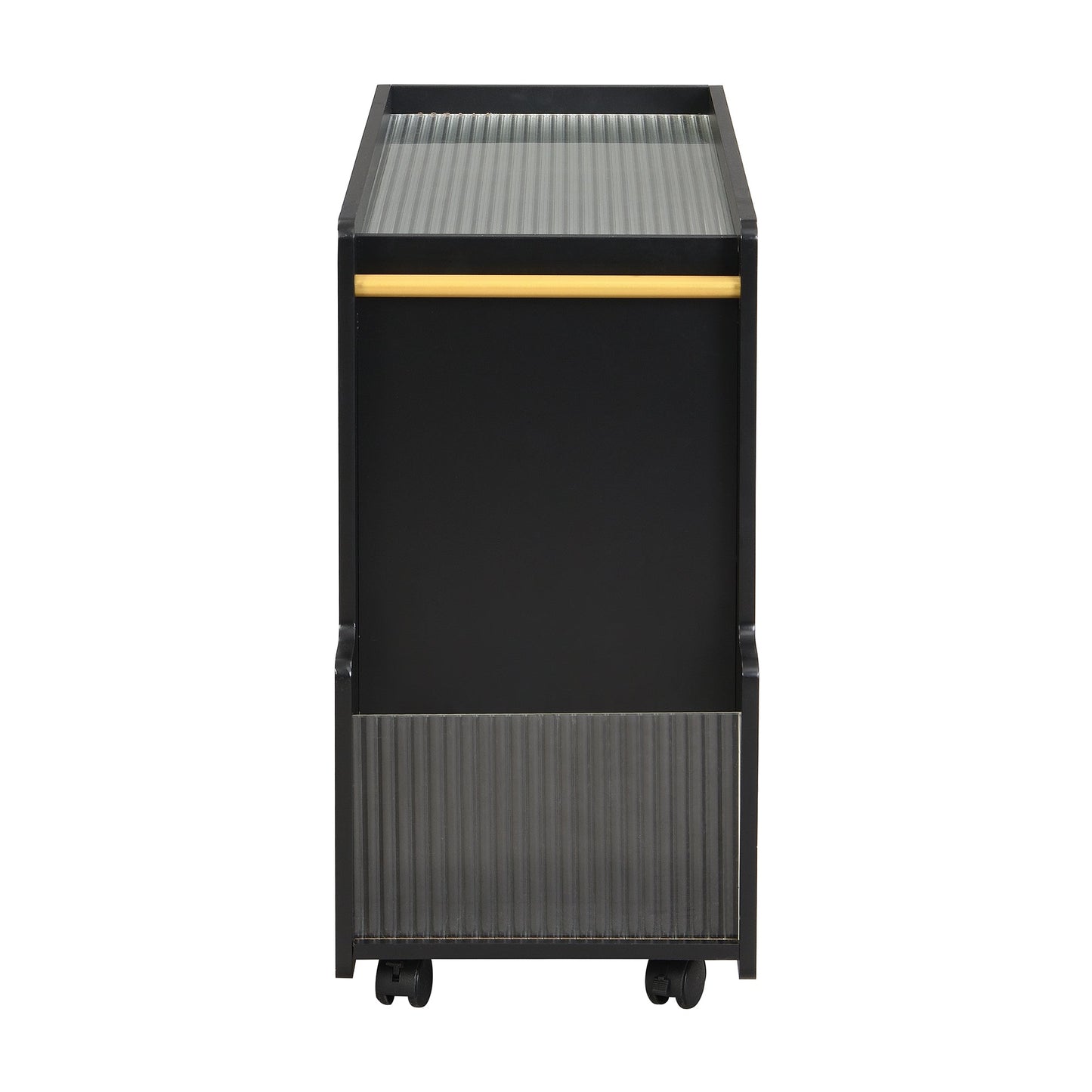 Stylish mobile desk with lockable wheels,bedside table with 5mm thick grooved tempered glass and gold round bars ，black