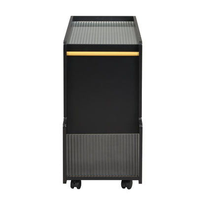 Stylish mobile desk with lockable wheels,bedside table with 5mm thick grooved tempered glass and gold round bars ，black