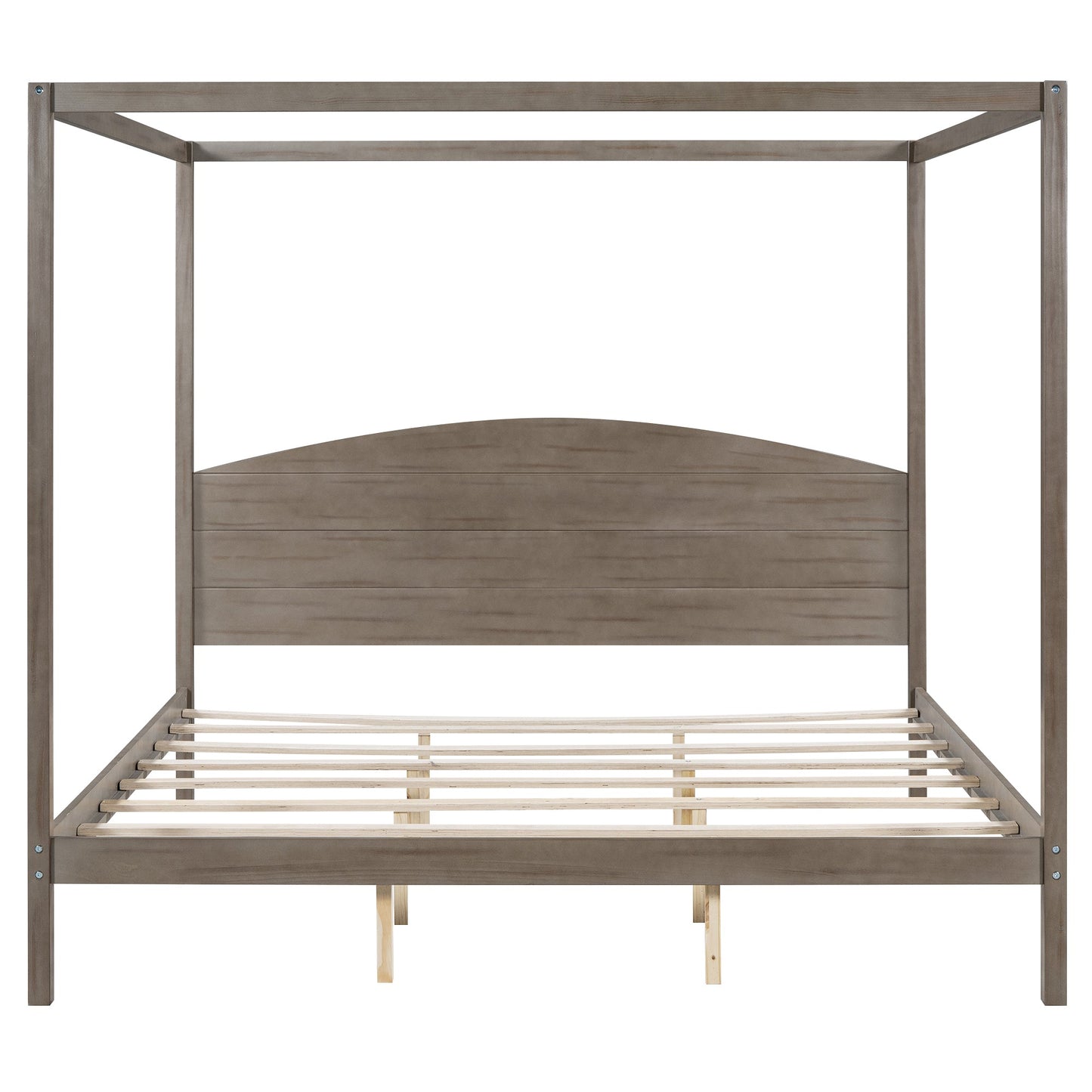 King Size Canopy Platform Bed with Headboard and Support Legs, Brown Wash