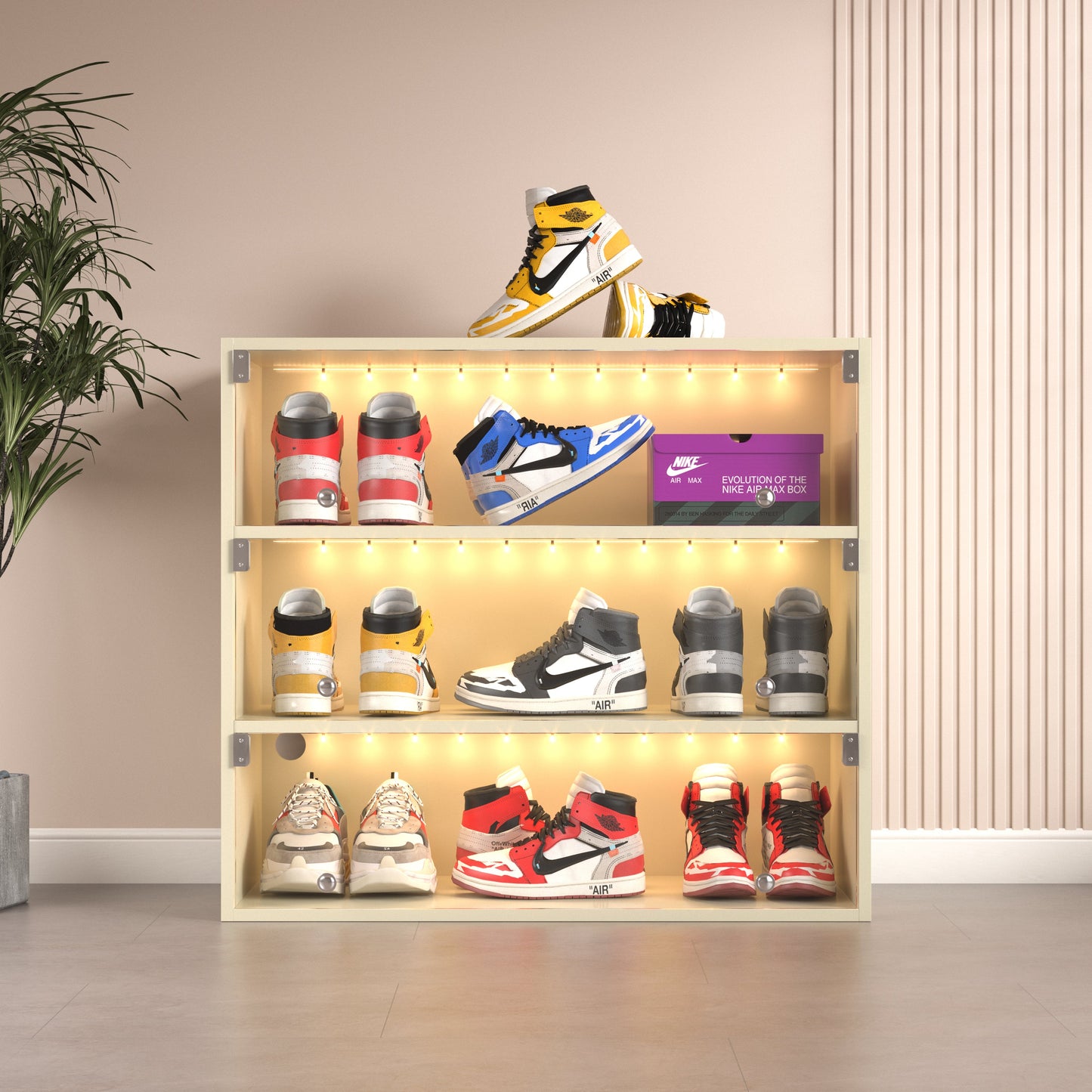 Off white LED light shoe box three layers with glass doors