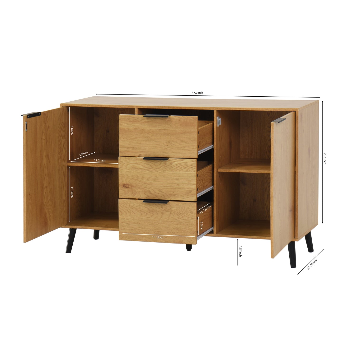 Side panel buffet cabinet with storage room, 47.2 "natural wood color kitchen cabinet with 3 drawers and 2 doors
