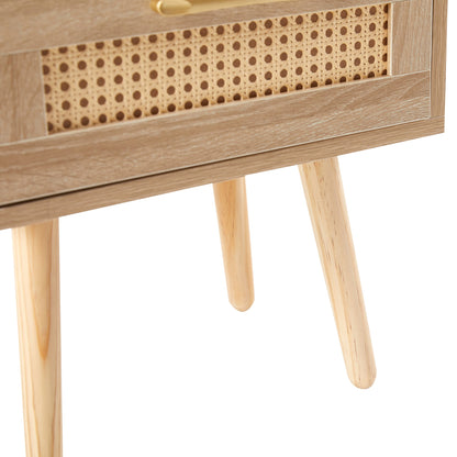 15.75" Rattan End table with Power Outlet & USB Ports  Modern nightstand with drawer and solid wood legs