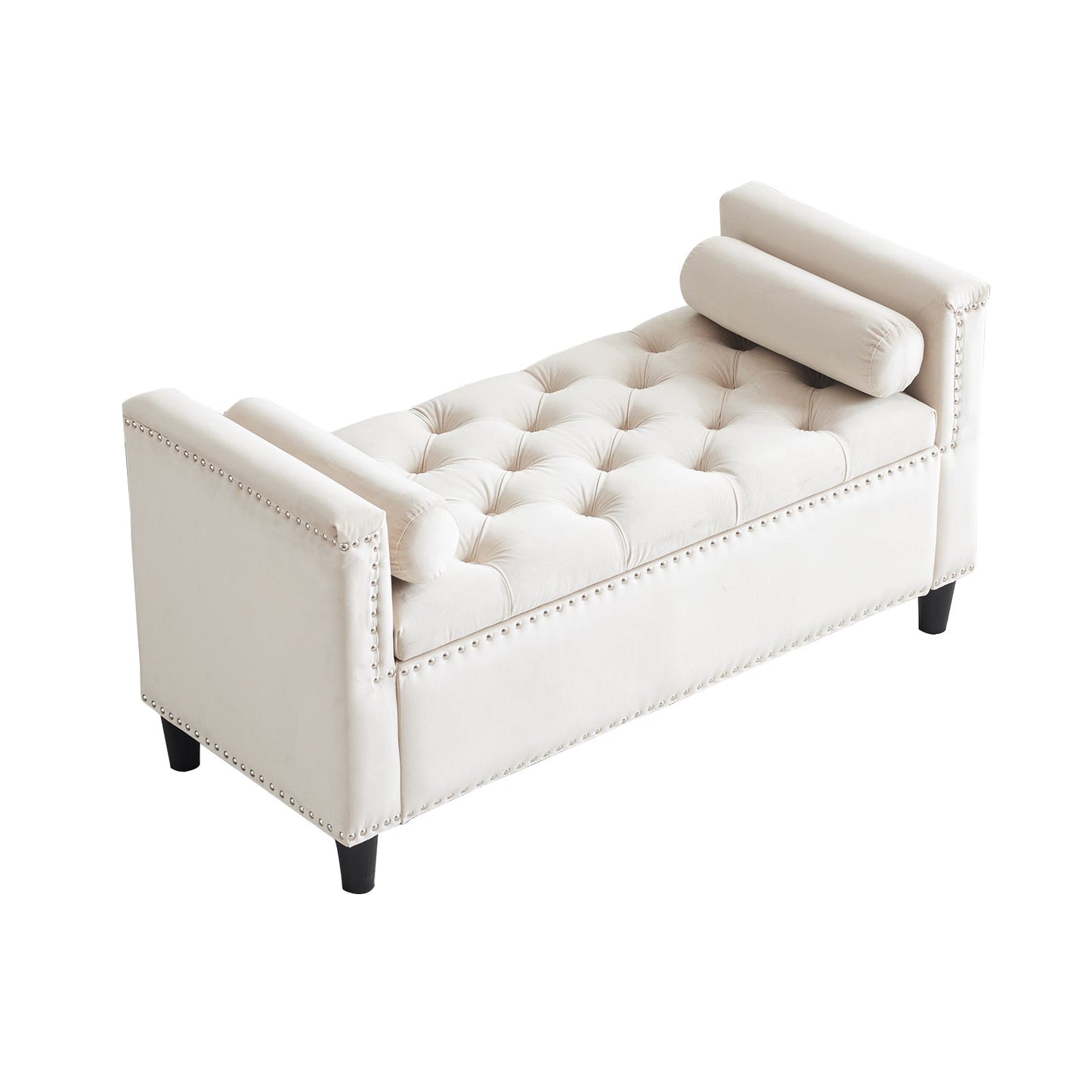 Storage Bench, 44.5-Inch Queen Velvet Button Bedside Bench, Entryway Living Room with Armrests, Nailhead Trim Cream White