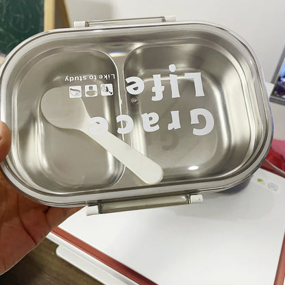 Korean style simple stainless steel two compartment lunch box with cutlery