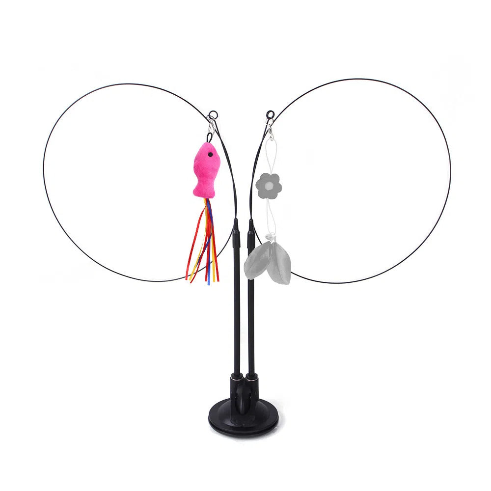 Suction cup cat toy stick that can be attached and held with steel wire multi head interchangeable cat toy and pet supplies