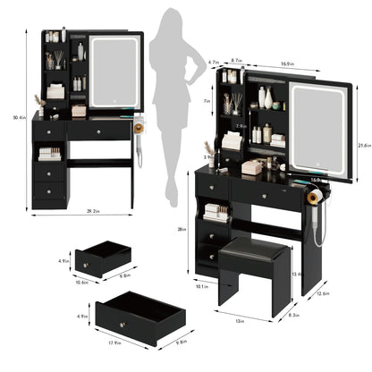 Left drawer desktop vanity+cushioned stool, 2 AC+2 USB power stations, touch sliding LED mirror, tri color switch