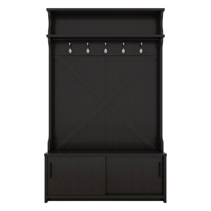 Hall tree with roof rack and storage platform, corridor shoe cabinet with sliding door, clothes hanger with 5 hooks black