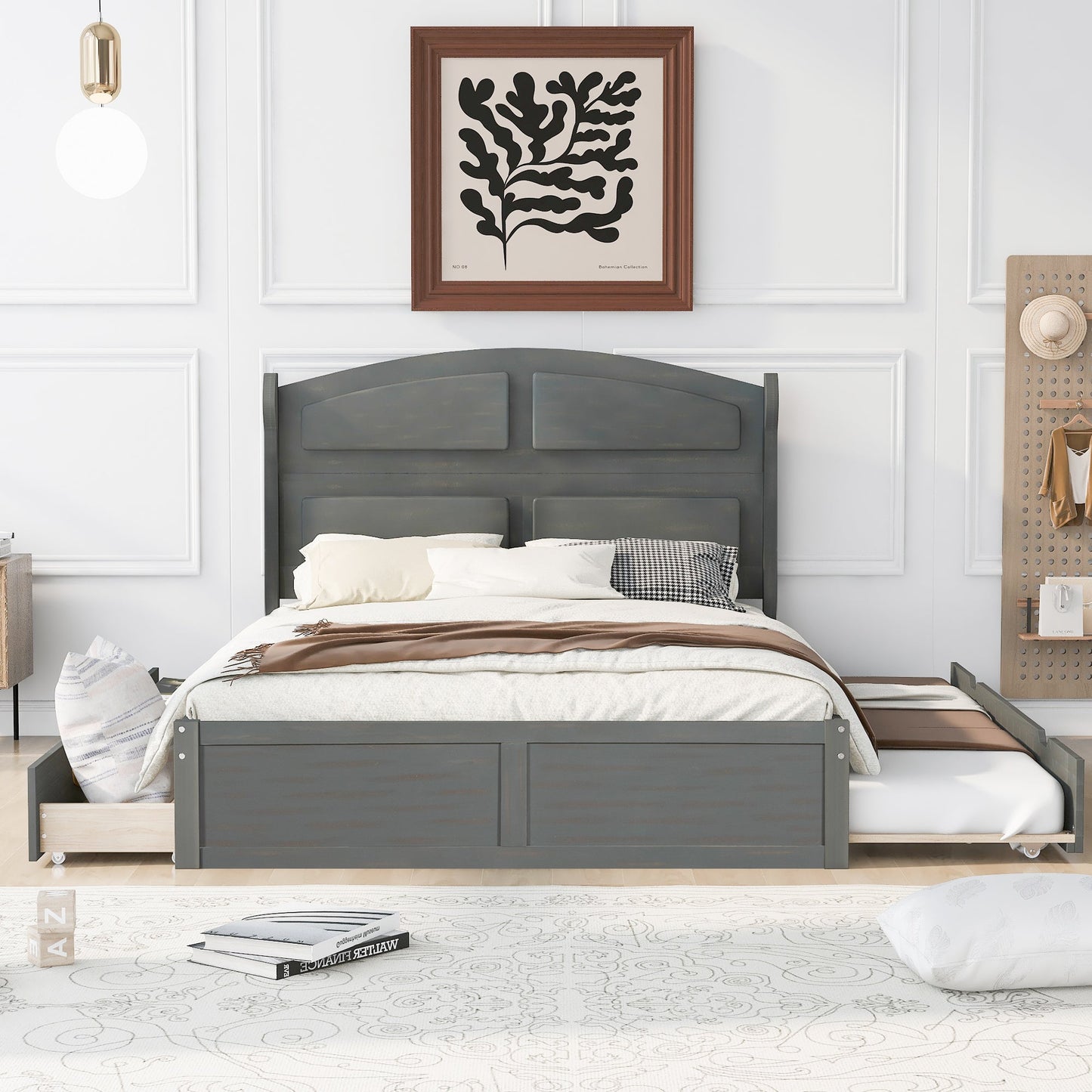 Wood Queen Size Platform Bed with Twin Size Trundle and 2 Drawers  Antique Gray