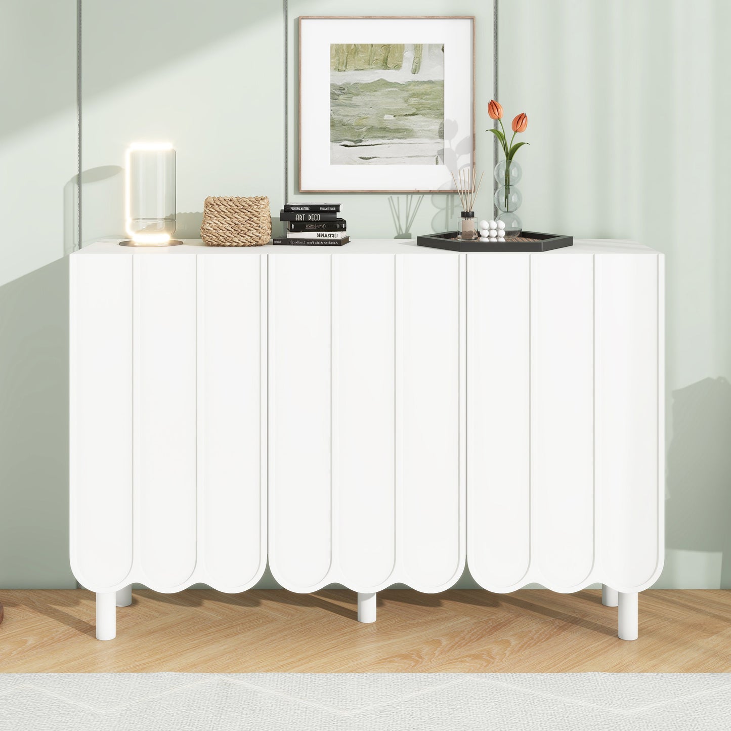 ON-TRANS Cream Style Shoe Cabinet with 5 Adjustable Solid Wood Legs, Large Storage Cabinet with Wave Doors, White