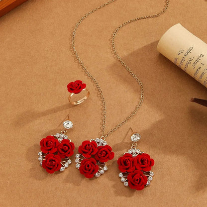 4pcs/Set Romantic Lovely Red Rose Flower Inlaid Rhinestone Pendant Necklaces+Dangle Earrings+Ring，For Women Valentine'S Day Gift