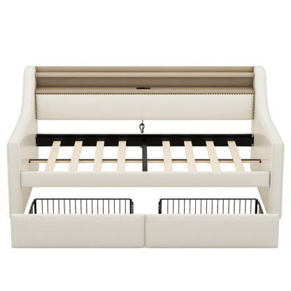 Twin Size Daybed with Storage Drawers, Upholstered Daybed with Charging Station and LED Lights, Beige