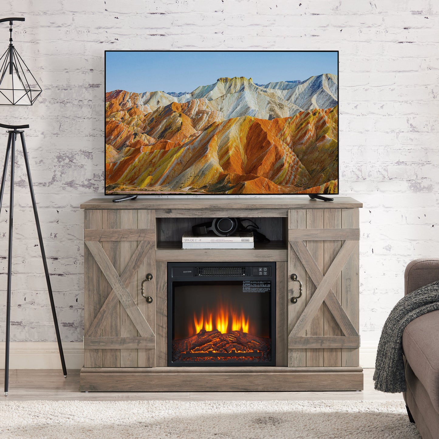 Farmhouse Classic Media TV Stand Antique Entertainment Console with 18" Electric Fireplace Insert for TV up to 50" with Open