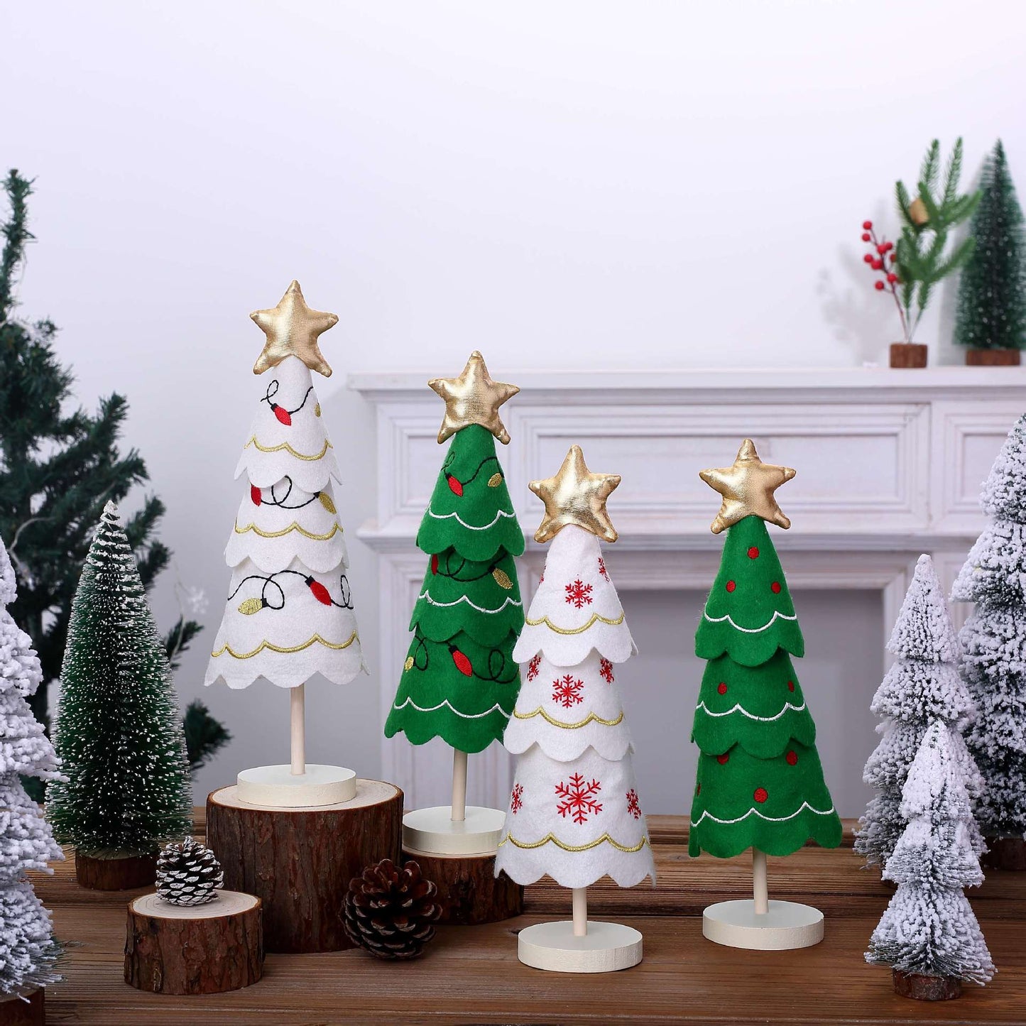 Cute Christmas Tree Fabric Wooden Display Window Desktop Christmas Embroidery Snowflake Decoration