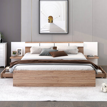 Queen Size Platform Bed with Headboard, Drawers, Shelves, USB Ports and Sockets, Natural