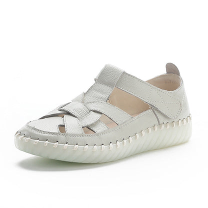 Leather perforated shoes with hollowed out toe caps for women soft soled non slip flat sandals for women