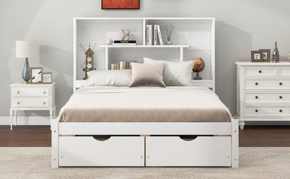 Full Size Platform Bed with Storage Headboard and 2 Drawers, White