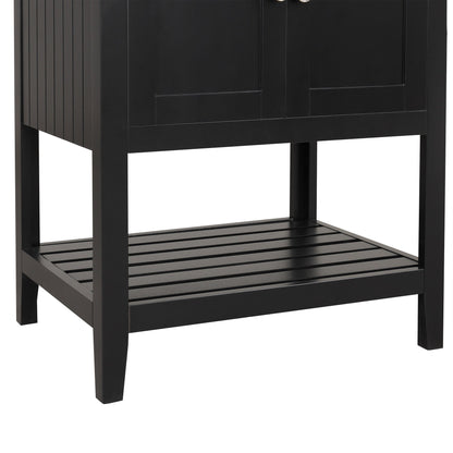 24" Black Modern Sleek Bathroom Vanity Elegant Ceramic Sink with Solid Wood Frame Open Style Shelf