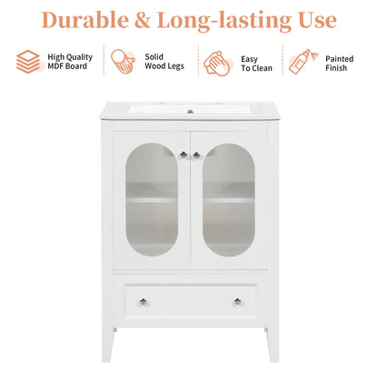24" Bathroom Vanity with Sink, Bathroom Vanity Cabinet with One Drawer and Doors, Adjustable Shelf, Solid Wood and MDF, White